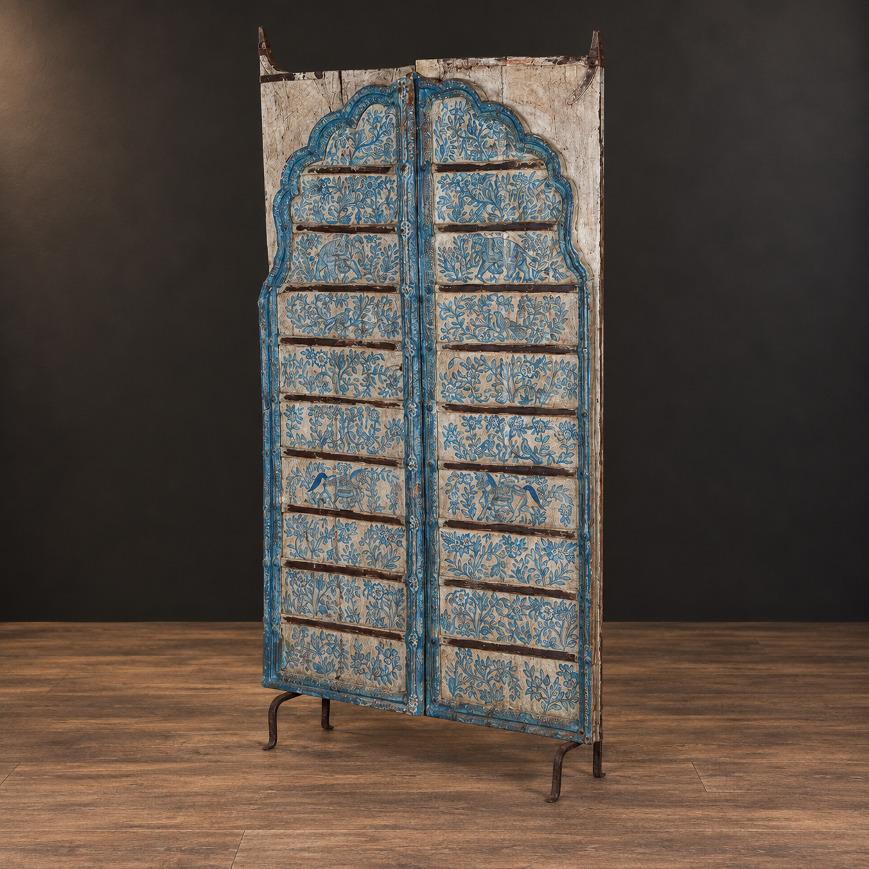A Pair of Antique Painted Indian Doors on Stand