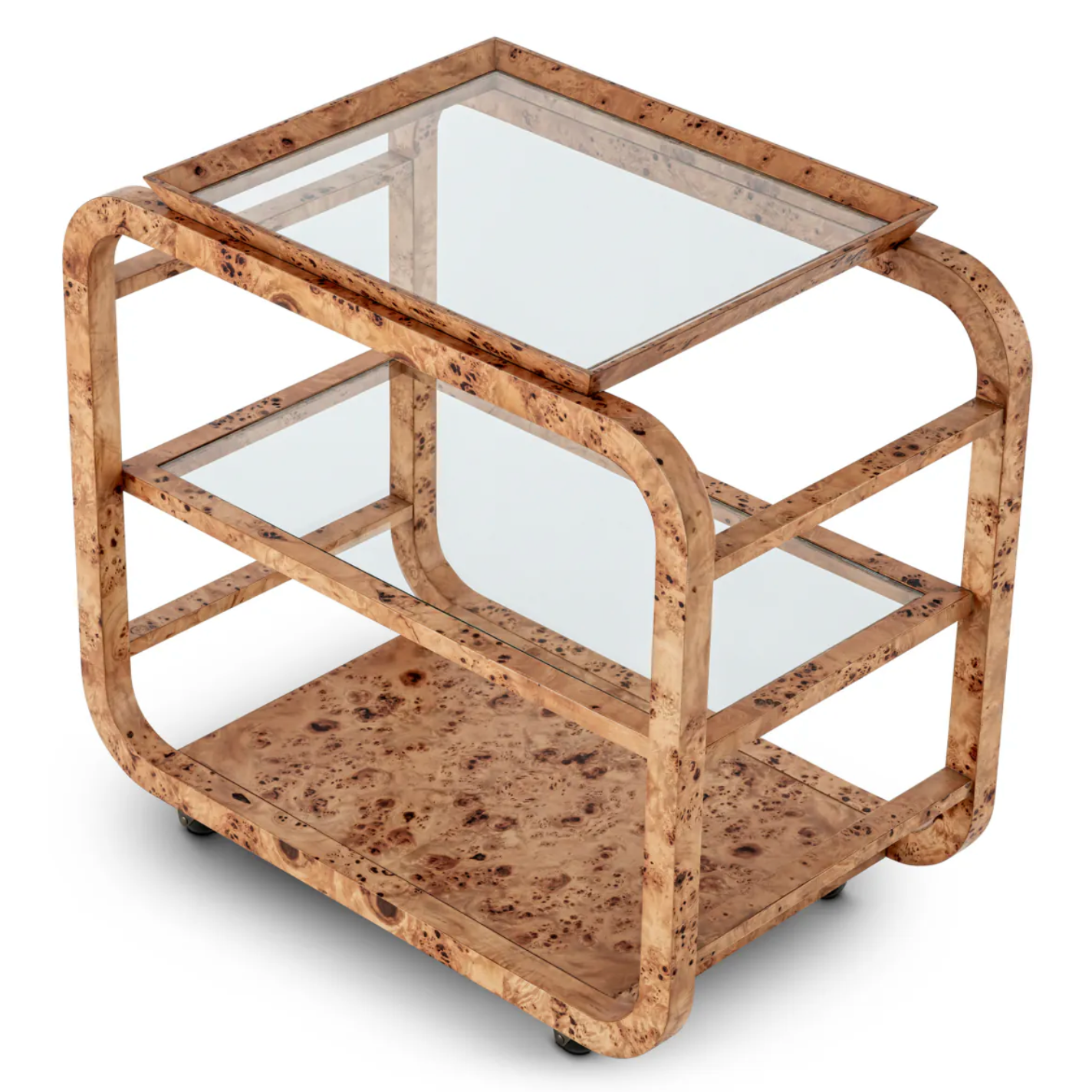 Eltham Drinks Trolley – front angle view showing glass shelves and removable tray top