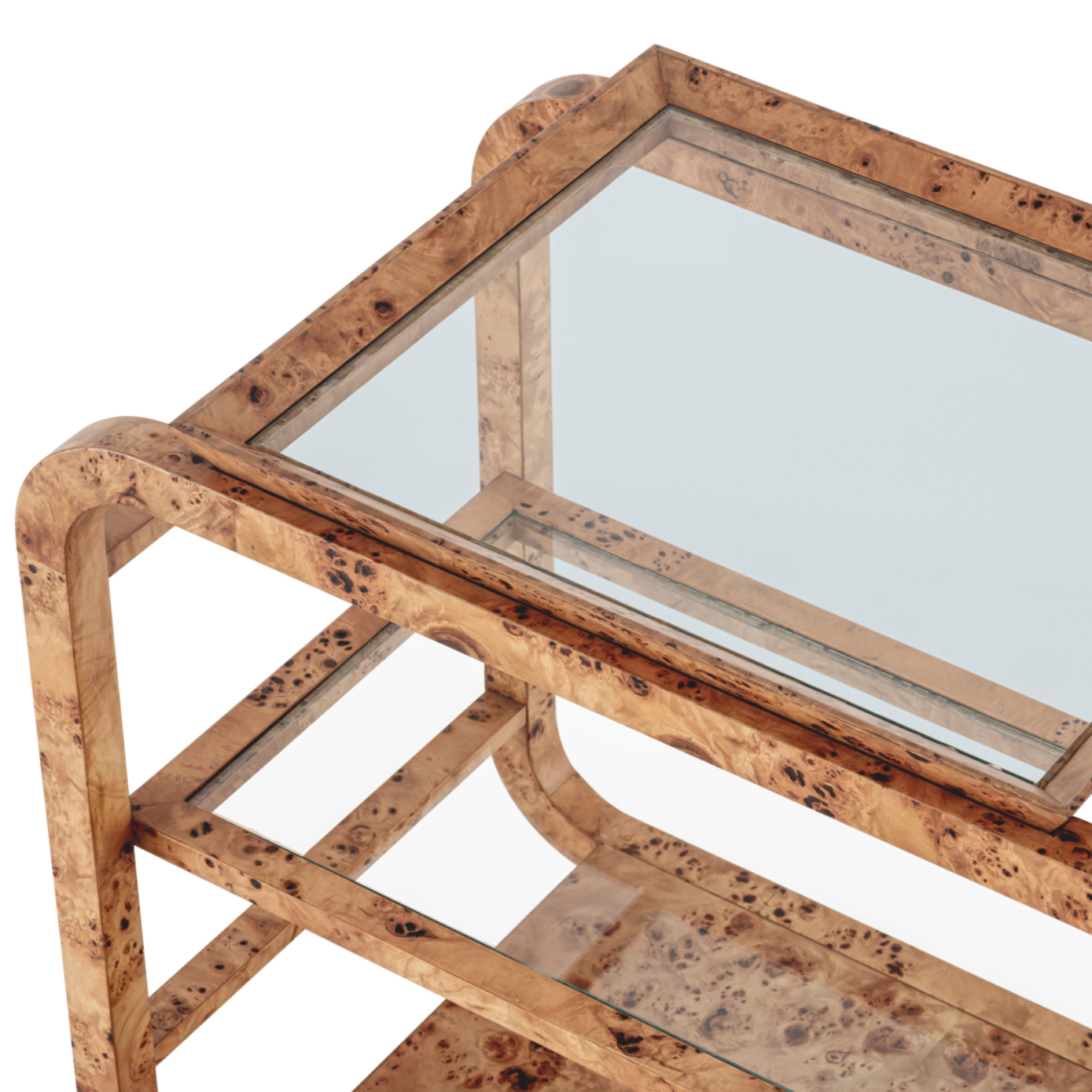 Eltham Drinks Trolley – close-up detail of burl veneer grain and glass tray top