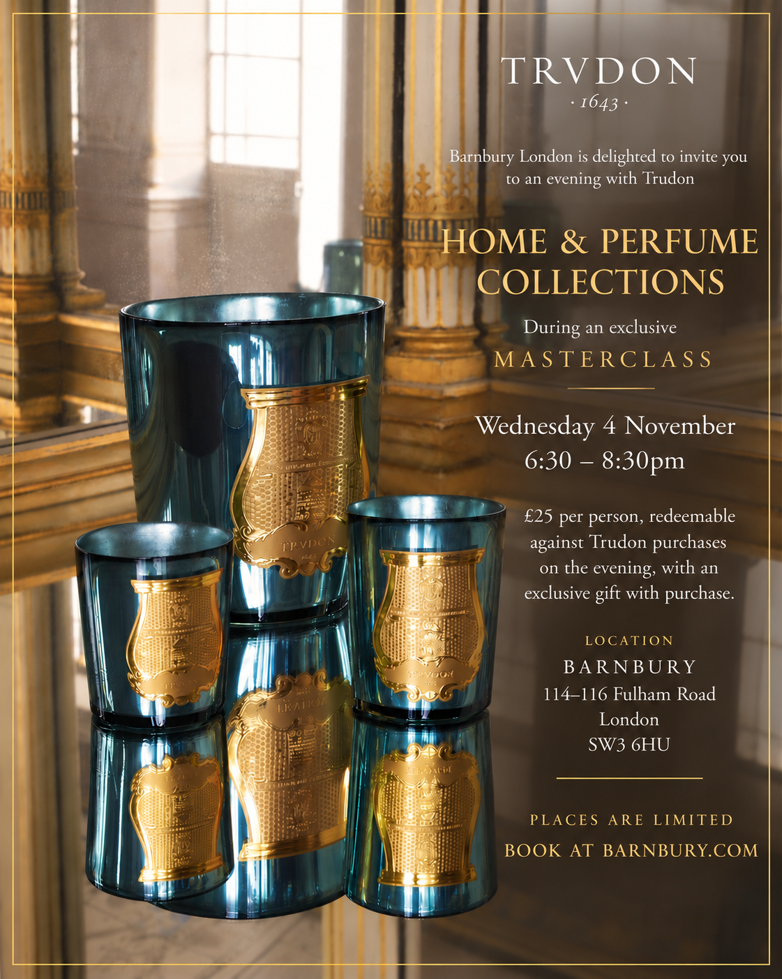 Invitation to the Trudon Home & Perfume Masterclass at BARNBURY London on 4 November, featuring Trudon candles.