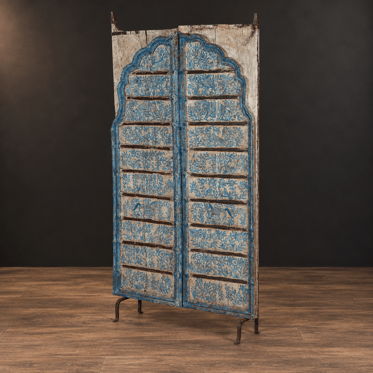 A Pair of Antique Painted Indian Doors on Stand - BARNBURY
