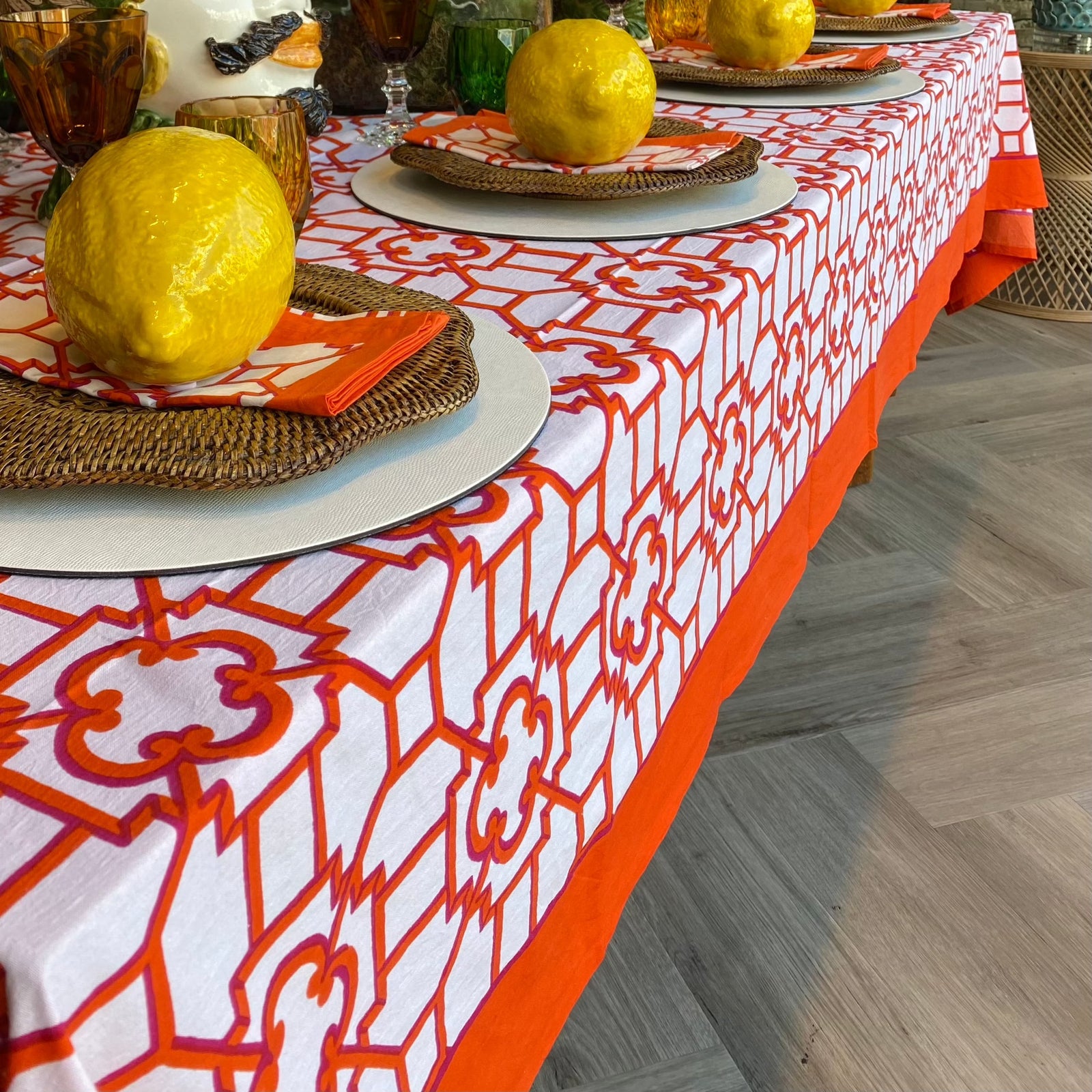 Caspari Fuchsia Trellis Fabric Table Cover Table Cloth Caspari