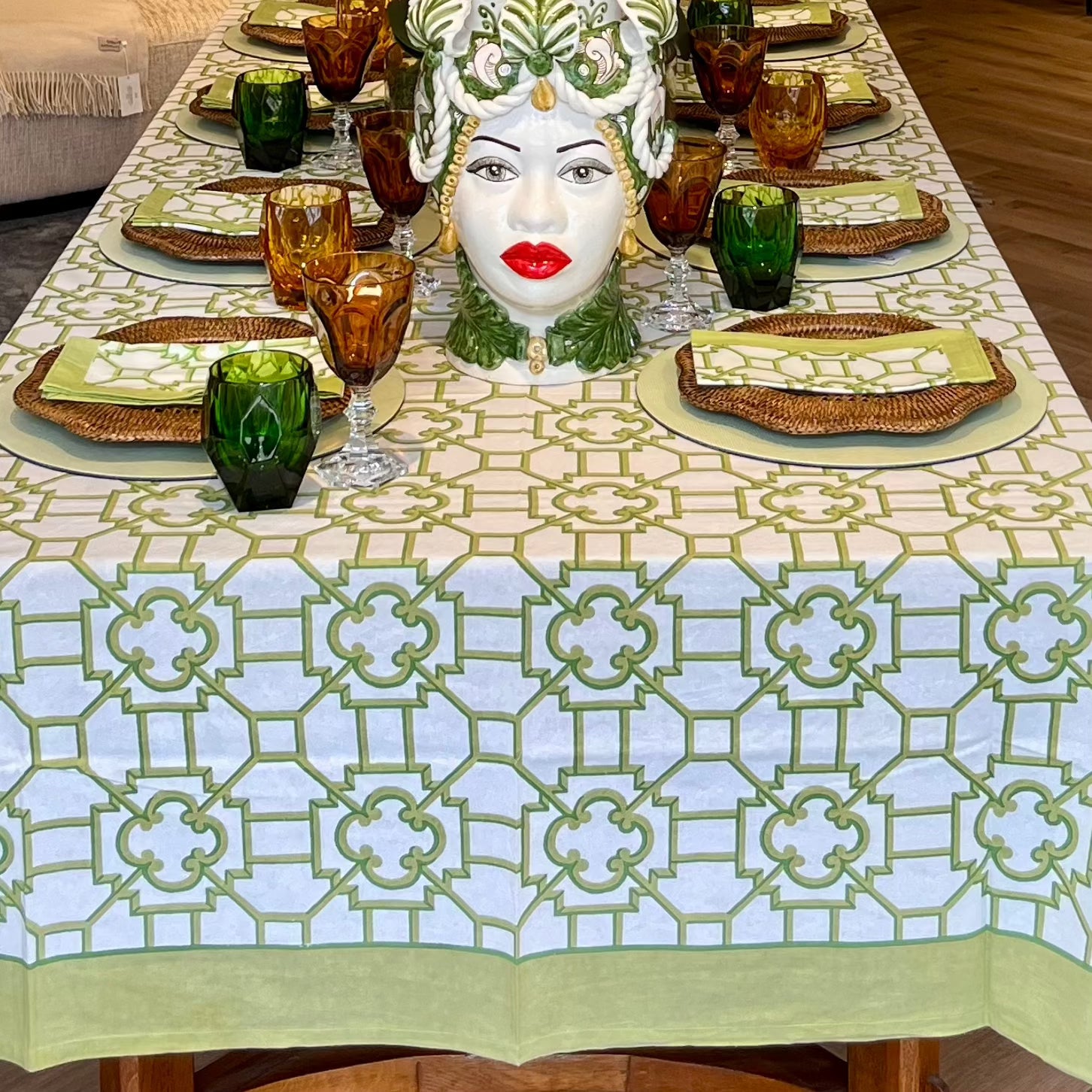Caspari Green Trellis Fabric Table Cover Table Cloth Caspari