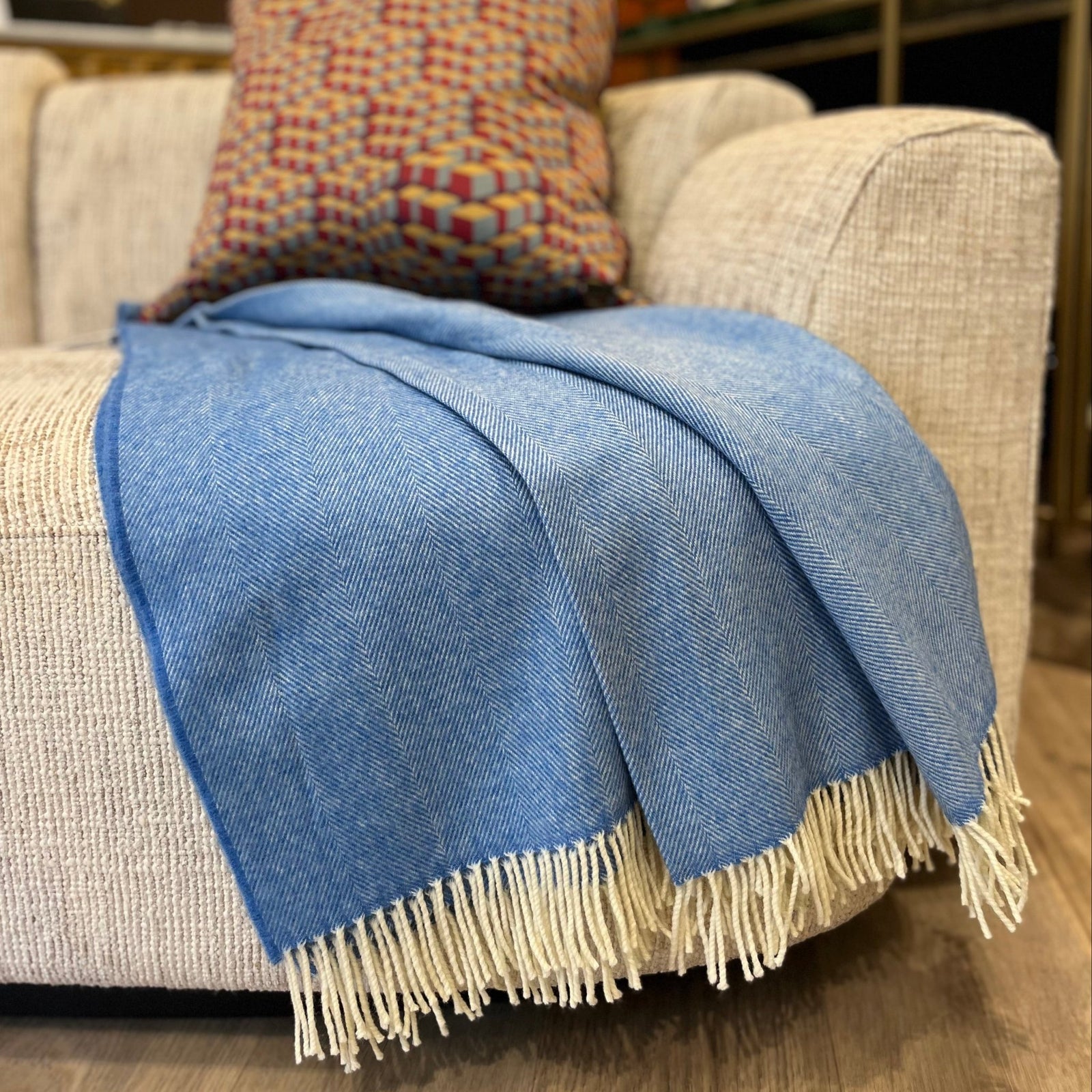 Cornflower Blue Supersoft Merino Herringbone Throw - BARNBURY