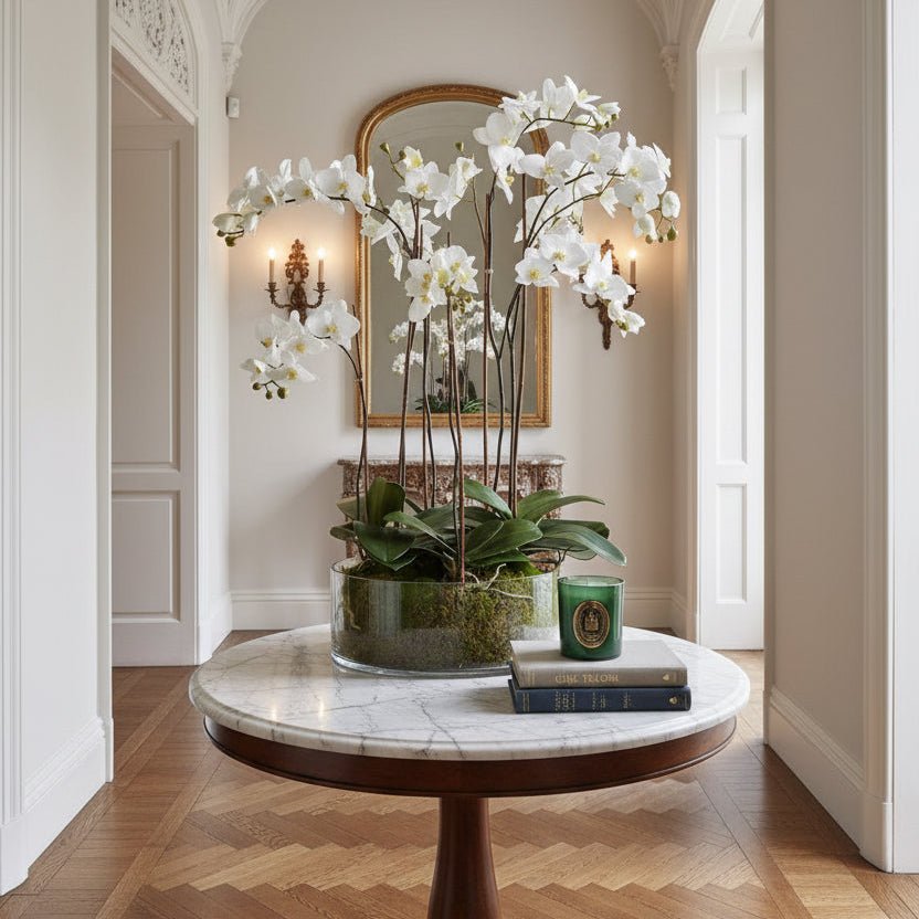 Faux Phalaenopsis Orchids in Glass Bowl - BARNBURY