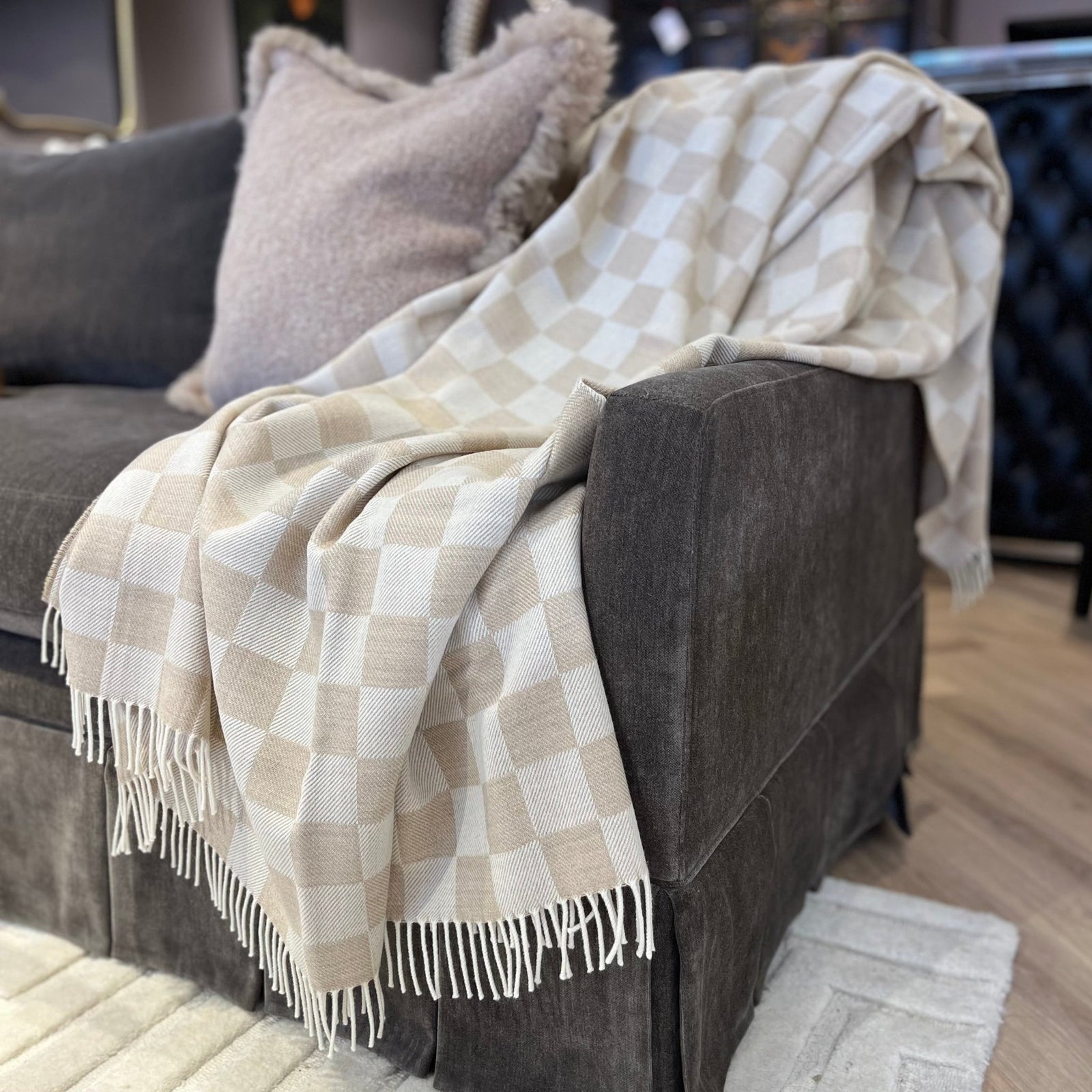 Natural Chessboard Merino Throw - BARNBURY