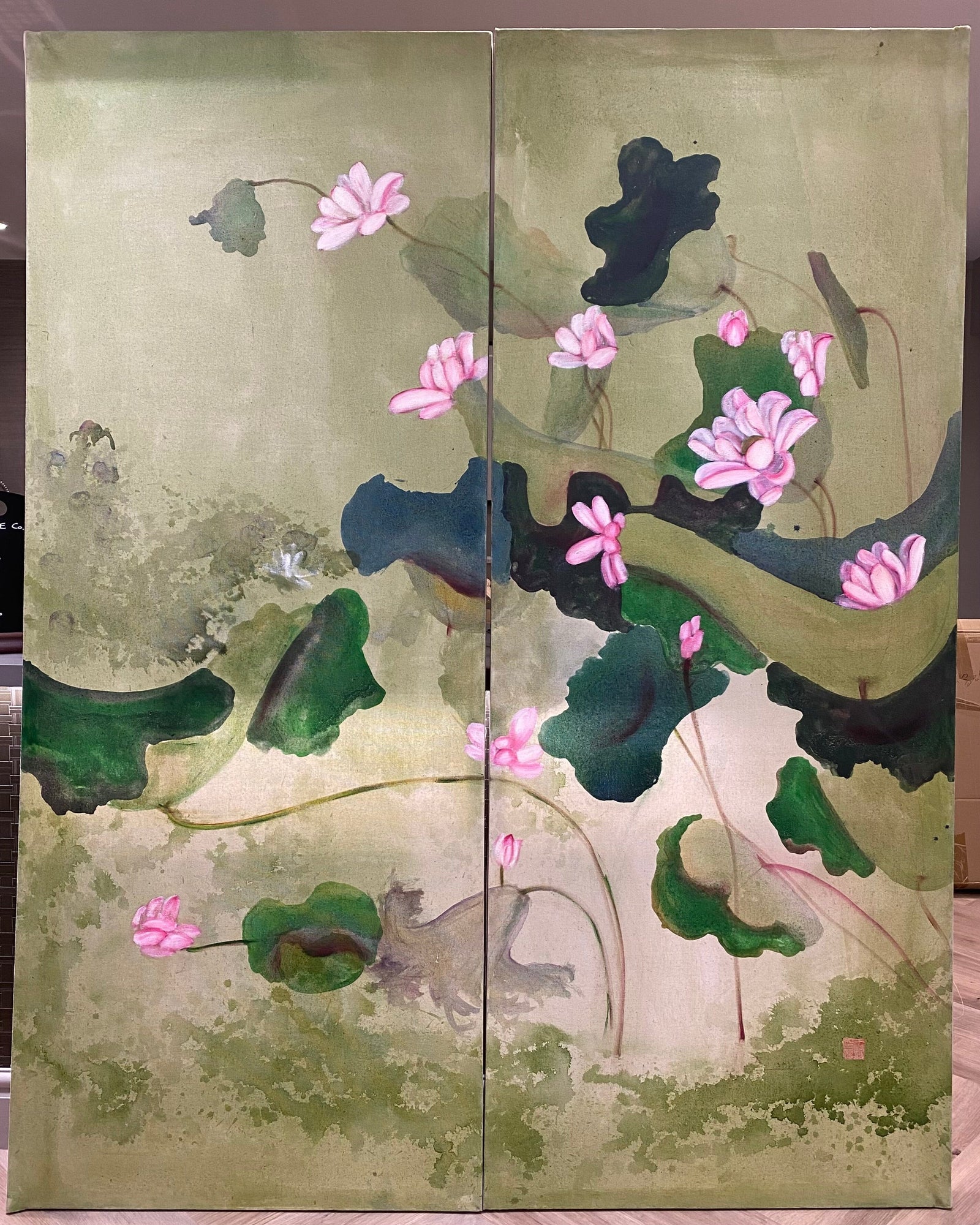 Pair of Hand Painted Waterlily Canvases Art Barnbury