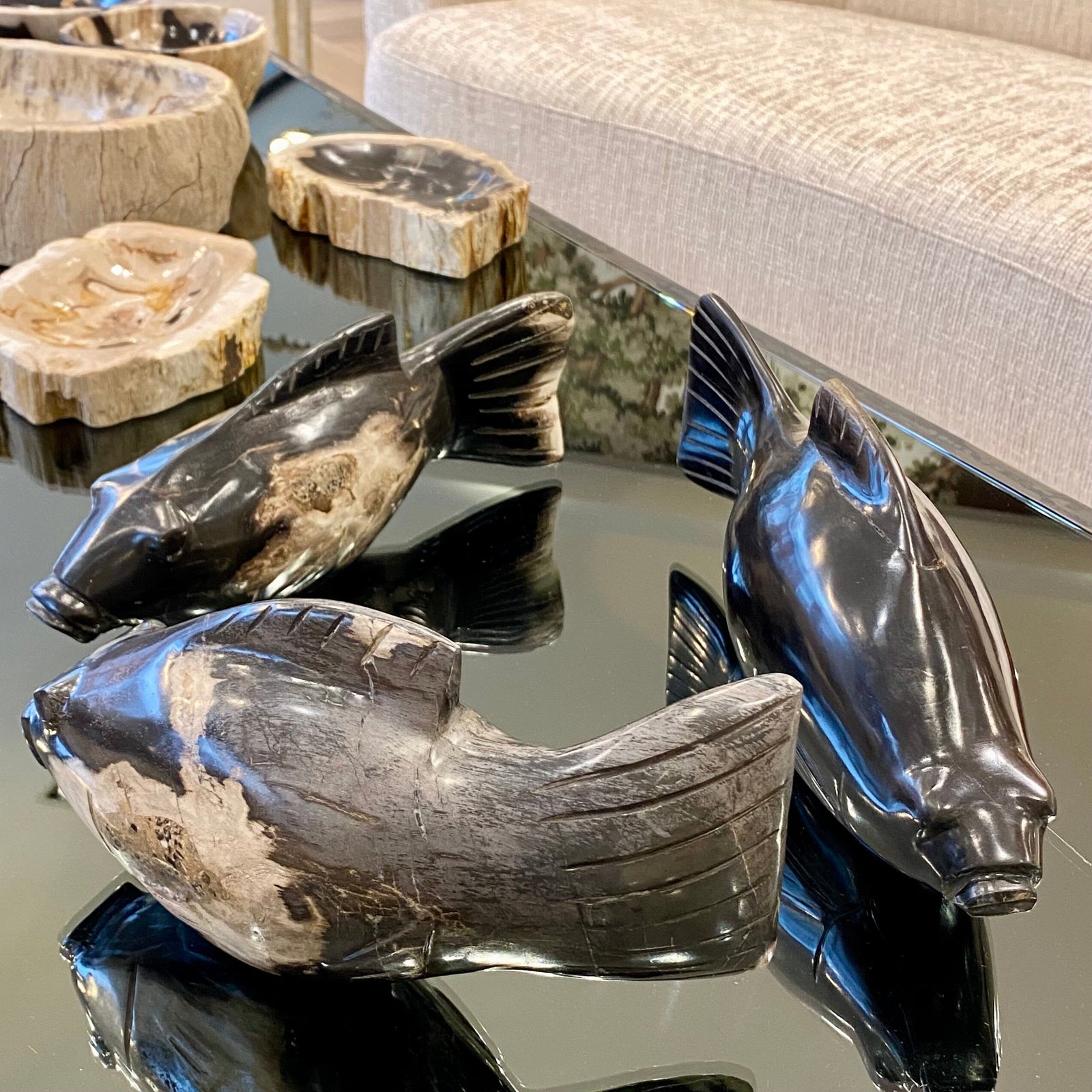 Set of 3 Small Petrified Wood Fish Home Decor BARNBURY