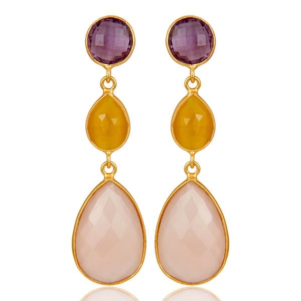 18ct Gold Plated Chalcedony, Amethyst & Moonstone Drop Earrings - BARNBURY