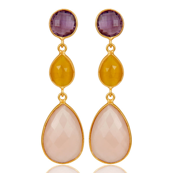 18ct Gold Plated Chalcedony, Amethyst & Moonstone Drop Earrings Earrings Barnbury
