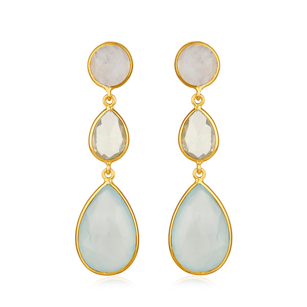 18ct Gold Plated Lemon Topaz, Aqua Chalcedony and Rainbow Moonstone Drop Earrings Earrings Barnbury