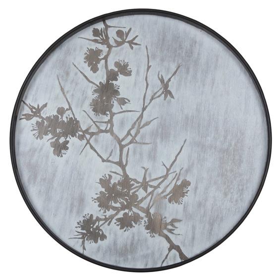Round Tray with a Whitewashed Finish and Blossom Detail Tray Ethnicraft
