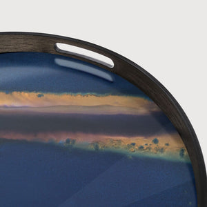Round Indigo Tray with Organic Oiled Detail and Wooden Surround