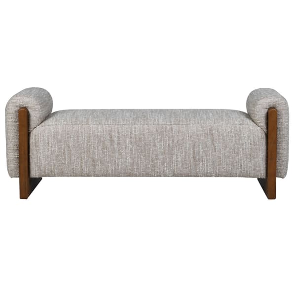 Park Lane Bench — front view, boucle upholstery with walnut frame