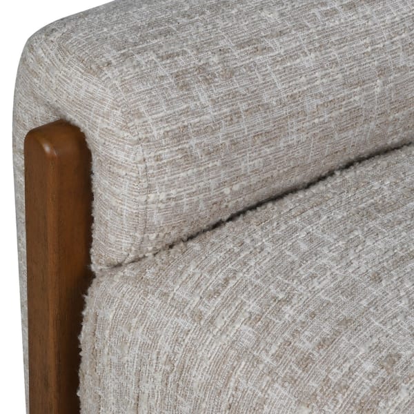 Park Lane Bench — close-up of boucle fabric texture and walnut frame detail