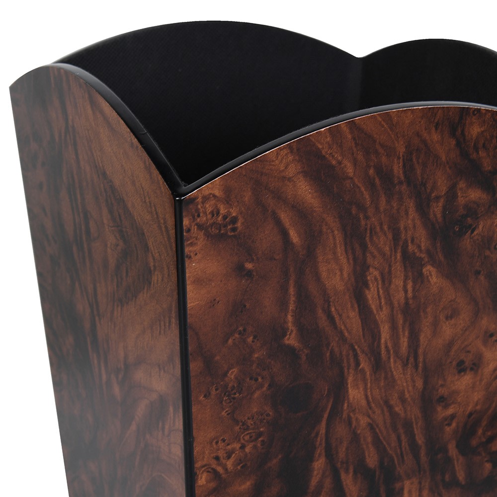 Fairmont Waste Paper Bin — close-up detail of burl walnut grain and scalloped rim