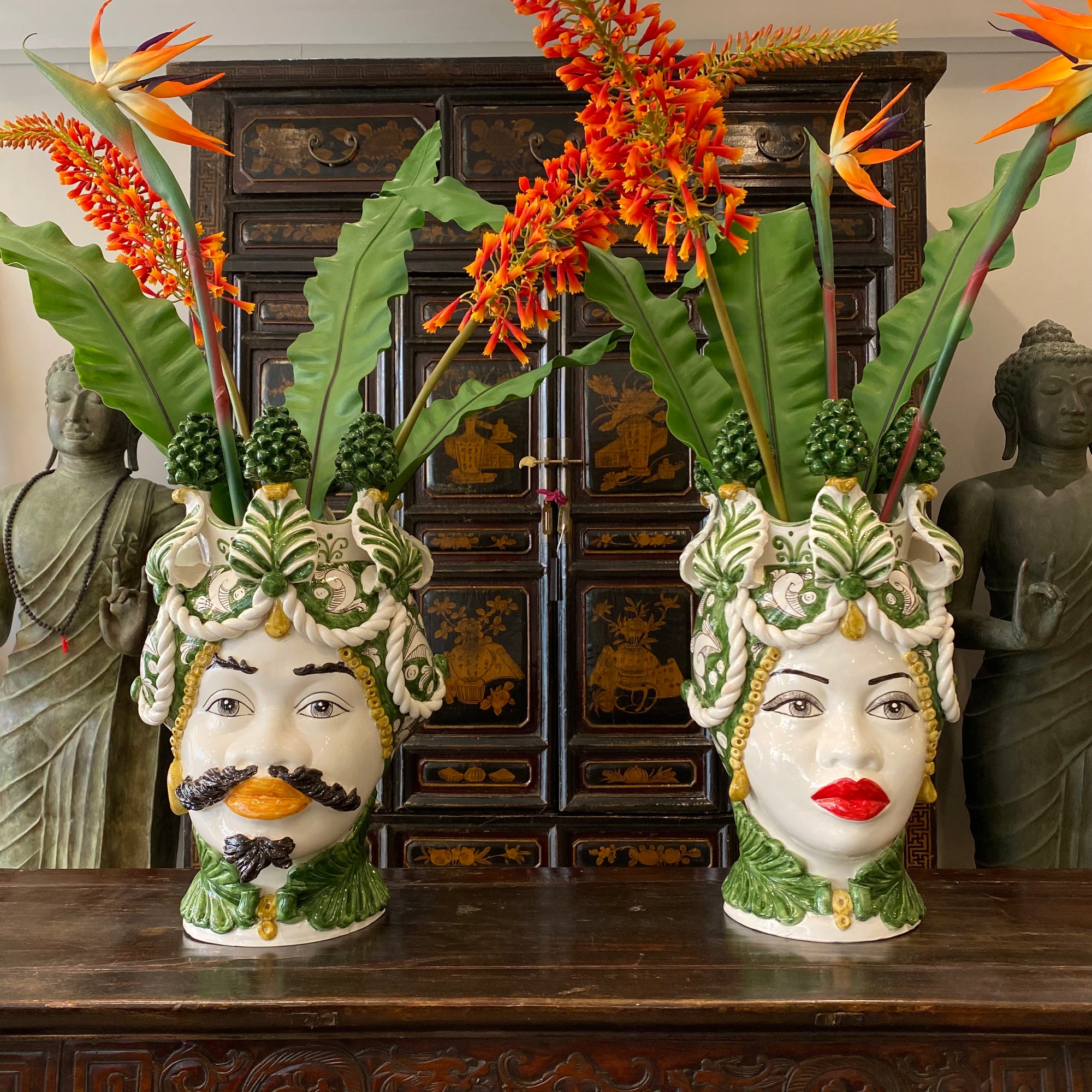 Traditional Sicilian Ceramic Moro Head Vase - 48cm Queen Vase Barnbury 