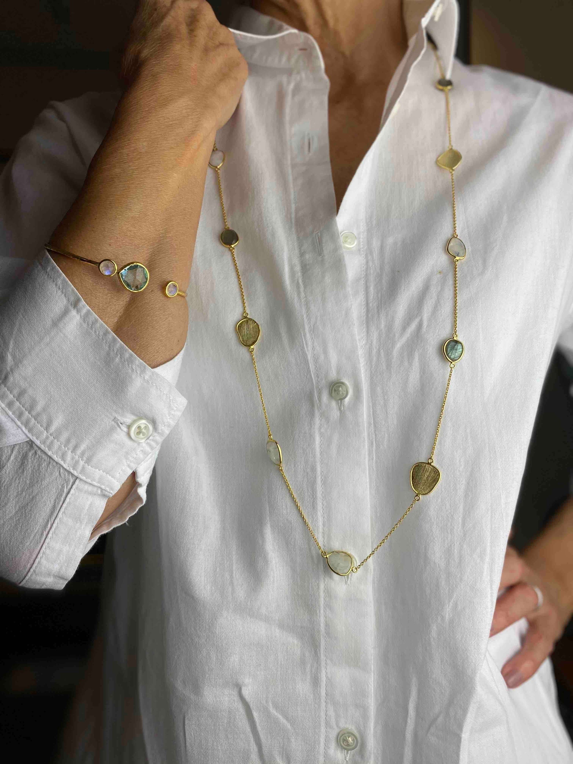 Vermeil Moonstone, Labradorite and Gold Necklace Necklace Barnbury 