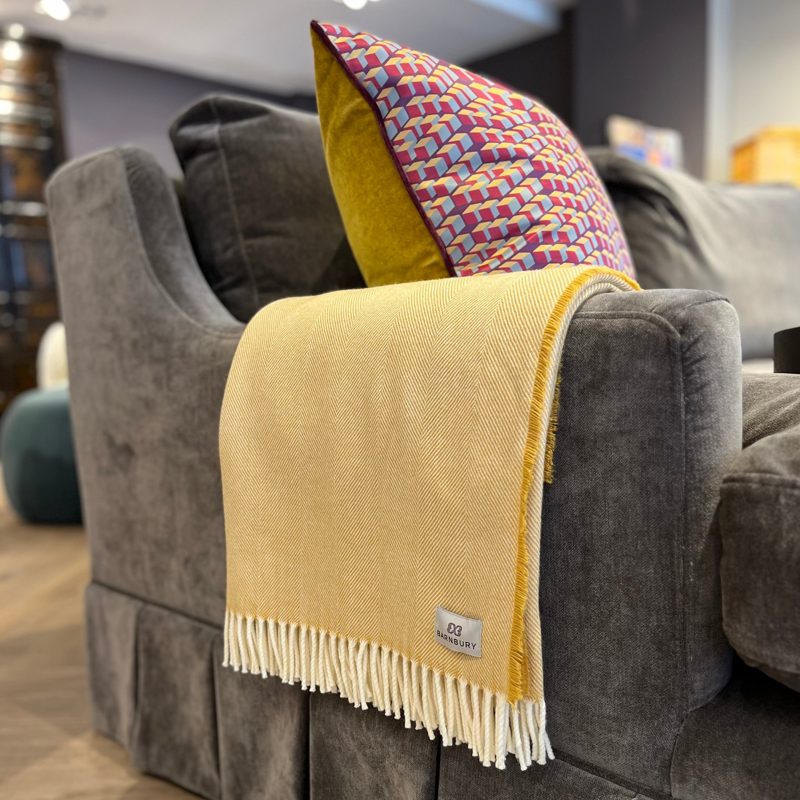 Lemon Supersoft Merino Herringbone Throw - BARNBURY