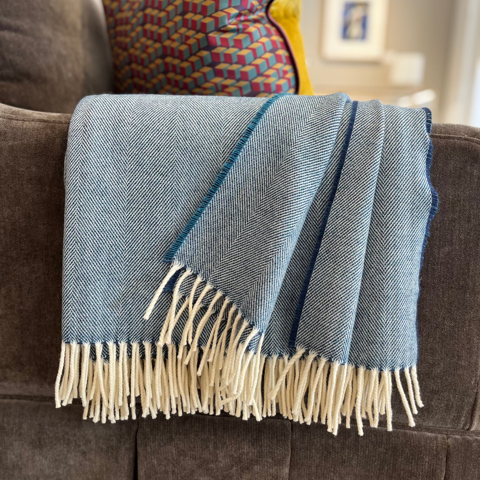 Kingfisher Spotted Supersoft Merino Herringbone Throw - BARNBURY