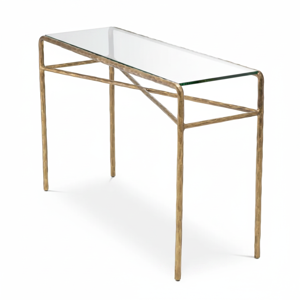 Winchester Console Table – angled view showing antique brass frame and glass top