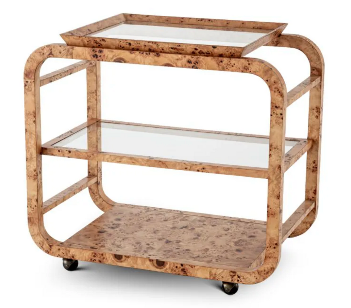 Eltham Drinks Trolley – angled view showing burl veneer frame, three tiers and castors