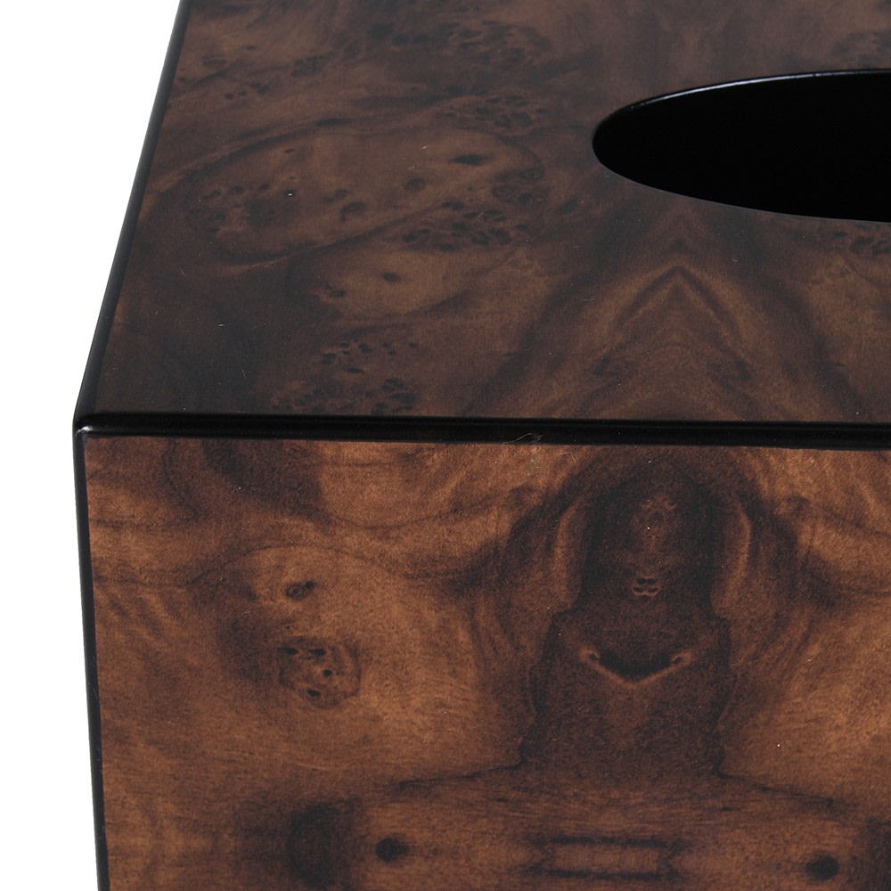 Fairmont Tissue Box — close-up detail of burl walnut grain and ebony trim
