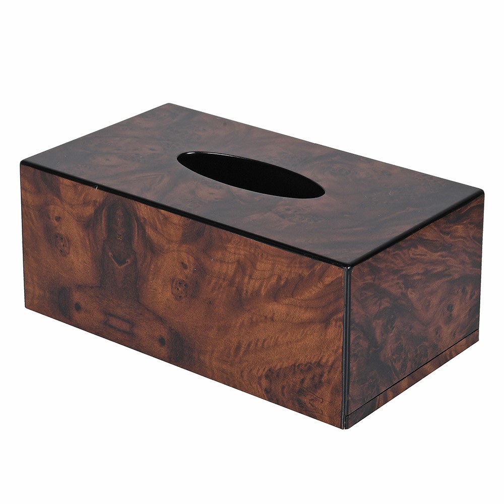 Fairmont Tissue Box in faux dark burl walnut finish with ebony-lacquered lid and trim