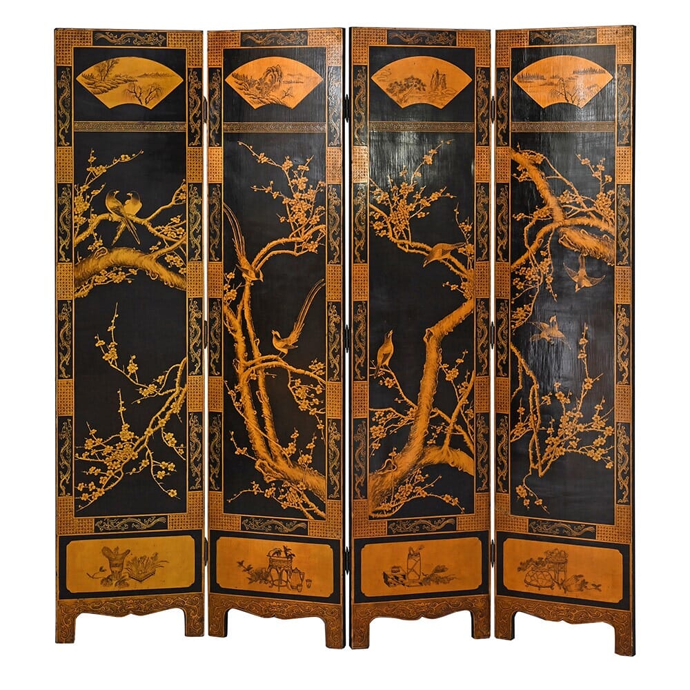Antique 4 Leaf Lacquered Chinese Screen - BARNBURY