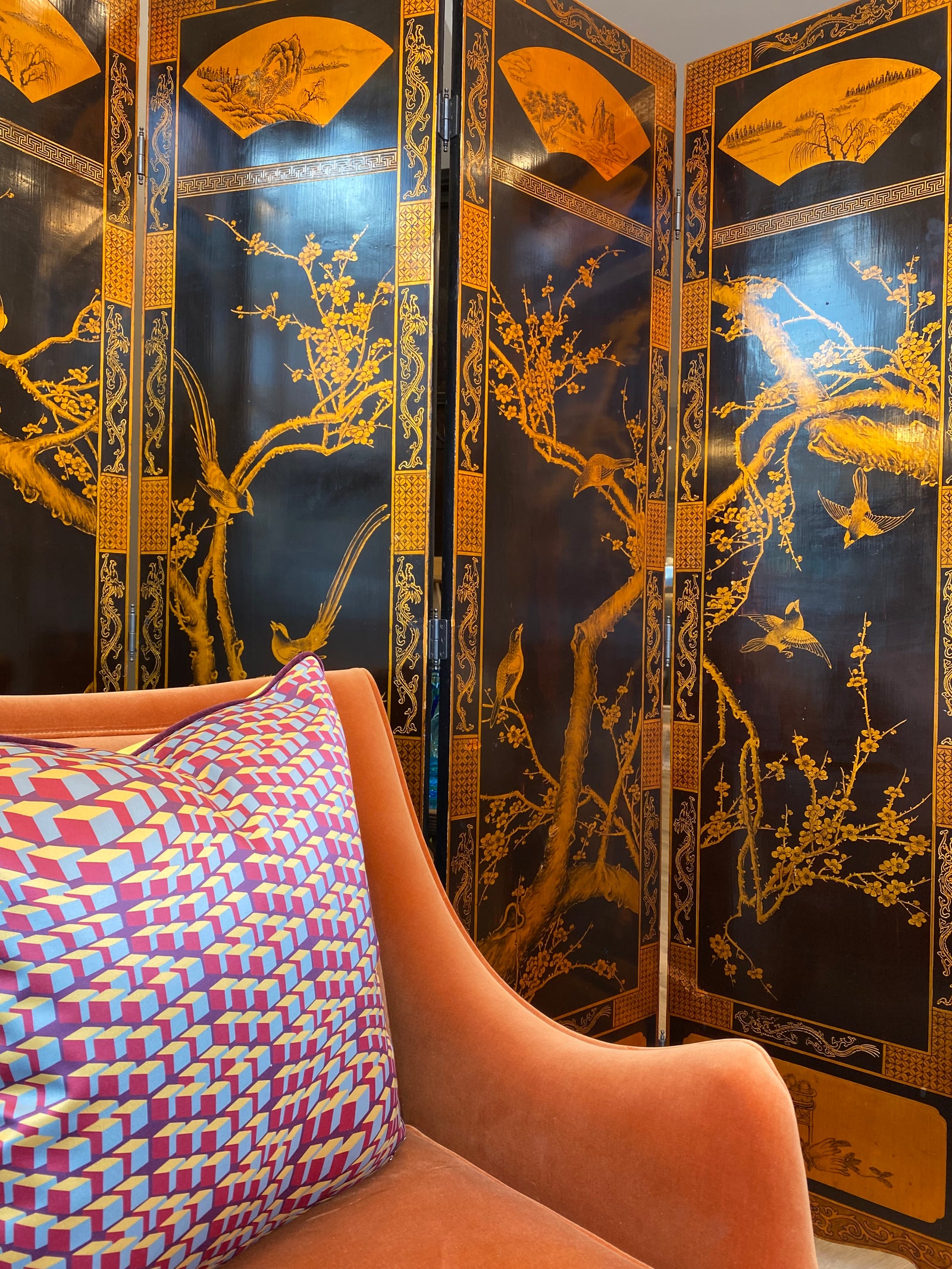 Antique 4 Leaf Lacquered Chinese Screen Screen Barnbury 