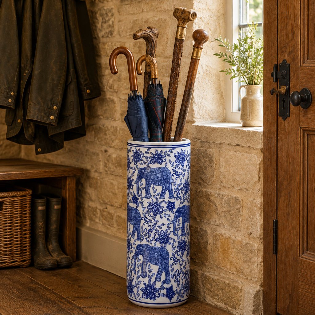 Blue and White Elephant Umbrella Stand - BARNBURY