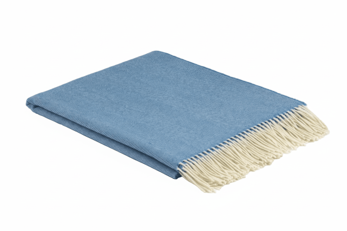Cornflower Blue Supersoft Merino Herringbone Throw - BARNBURY