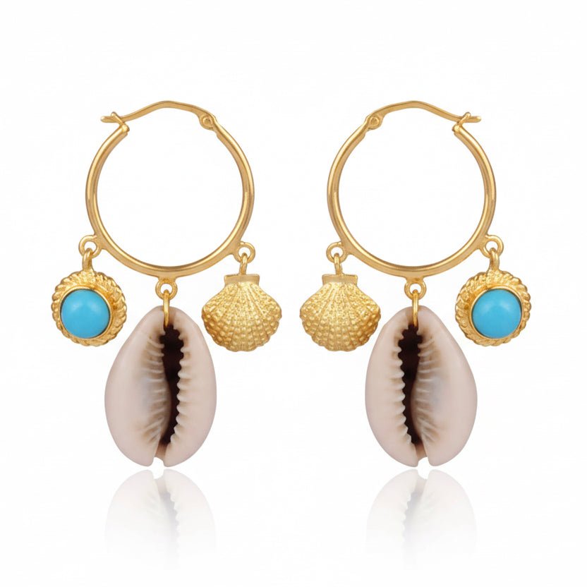 Gold Plated Cowrie Shell and Turquoise Earrings - BARNBURY