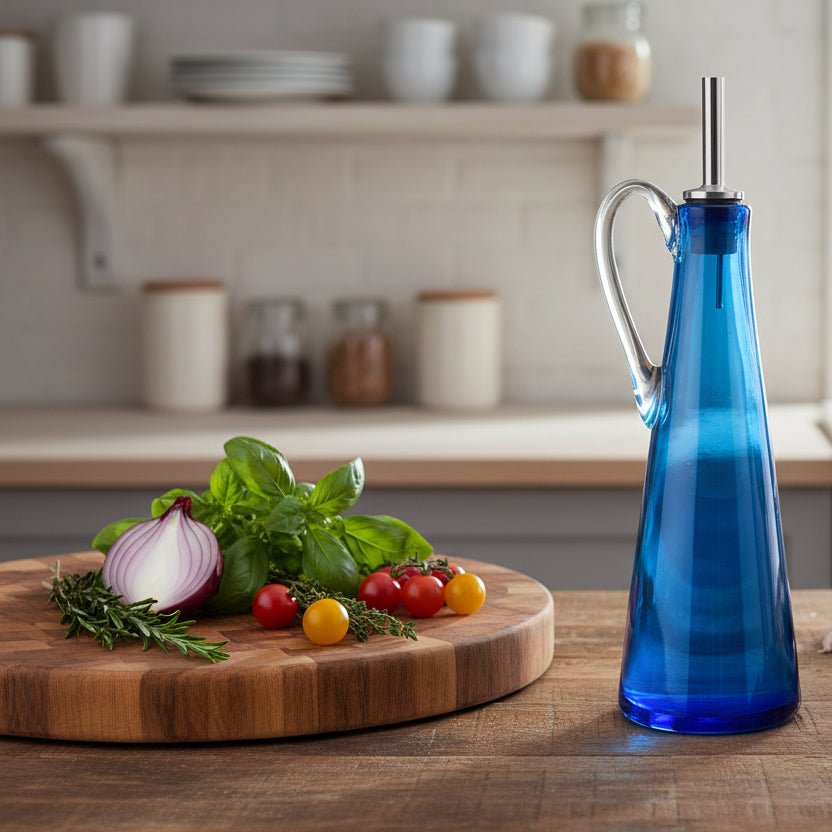 Handmade Tall Blue Glass Oil Pourer - BARNBURY