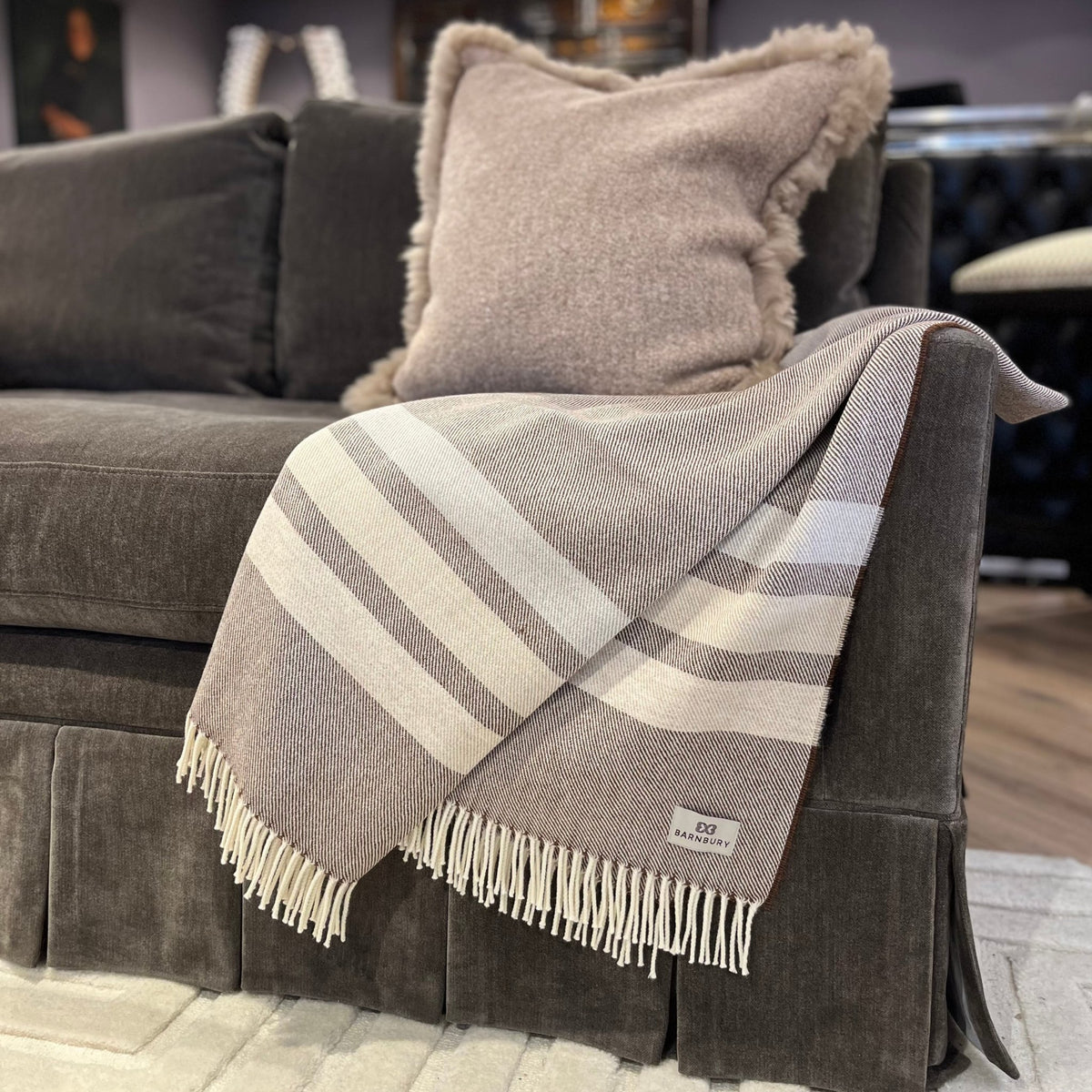 Neutral Tones Striped Supersoft Merino Herringbone Throw - BARNBURY