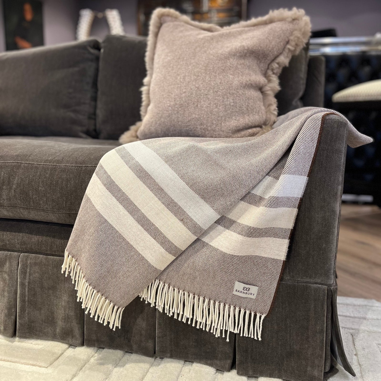 Neutral Tones Striped Supersoft Merino Herringbone Throw - BARNBURY