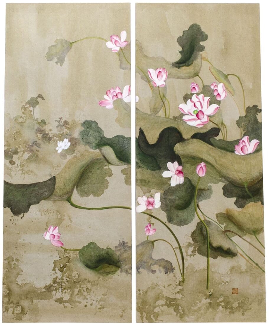 Pair of Hand Painted Waterlily Canvases - BARNBURY
