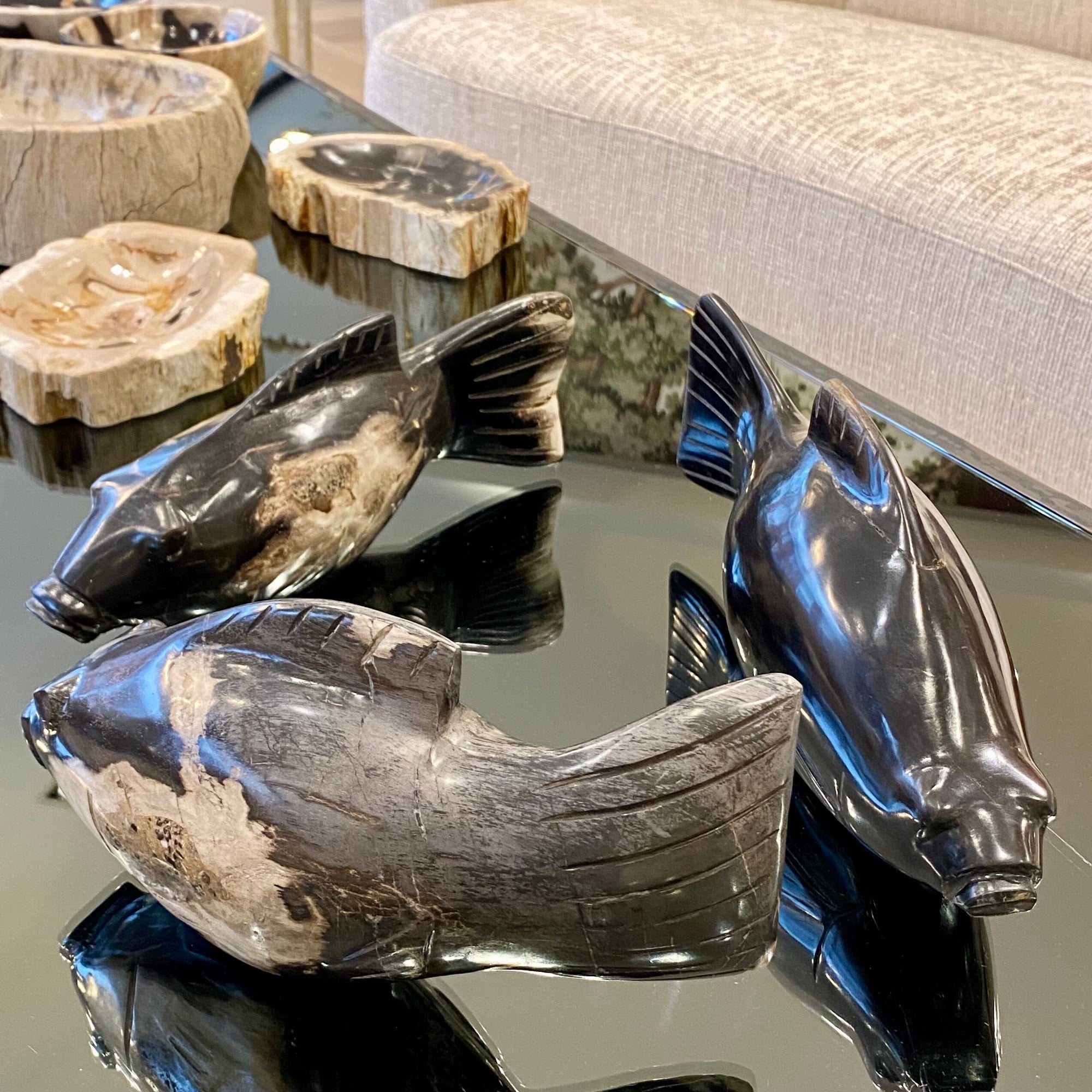 Set of 3 Small Petrified Wood Fish Home Decor BARNBURY 