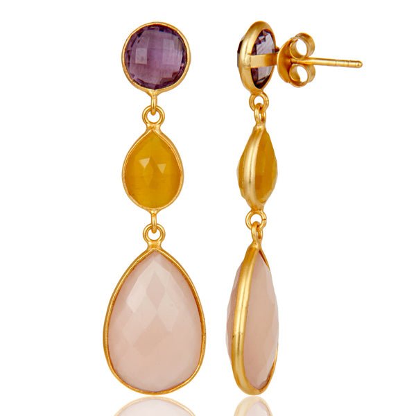 18ct Gold Plated Chalcedony, Amethyst & Moonstone Drop Earrings - BARNBURY