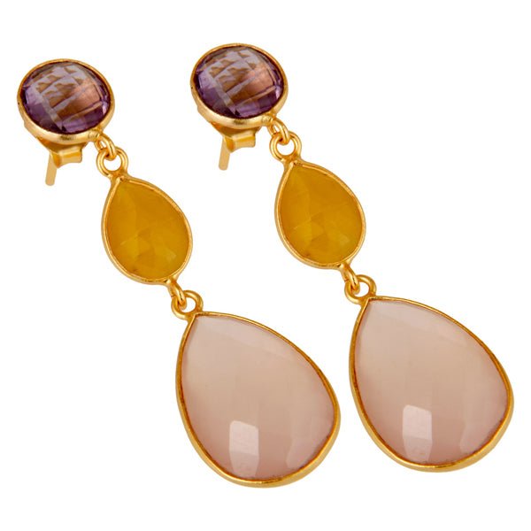 18ct Gold Plated Chalcedony, Amethyst & Moonstone Drop Earrings - BARNBURY