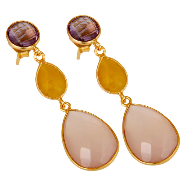 18ct Gold Plated Chalcedony, Amethyst & Moonstone Drop Earrings Earrings Barnbury 