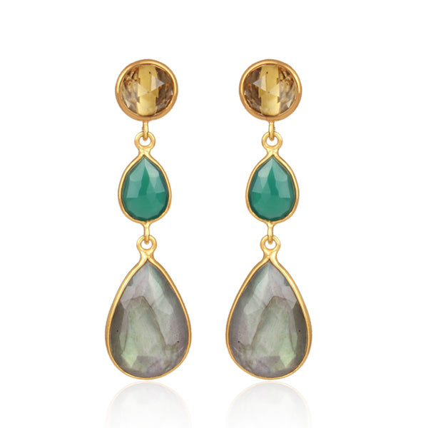 18ct Gold Plated Labradorite, Lemon Topaz and Green Onyx Drop Earrings Earrings Barnbury 