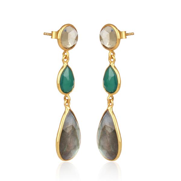 18ct Gold Plated Labradorite, Lemon Topaz and Green Onyx Drop Earrings Earrings Barnbury 