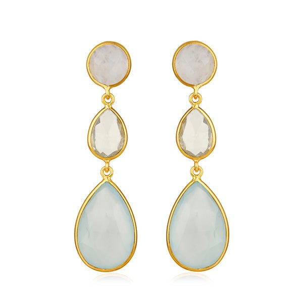 18ct Gold Plated Lemon Topaz, Aqua Chalcedony and Rainbow Moonstone Drop Earrings - BARNBURY