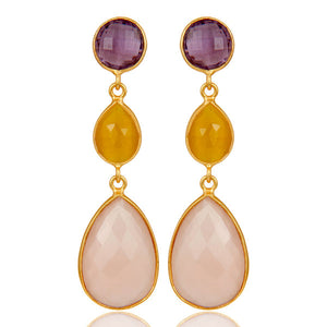 Gold Plated Chalcedony, Amethyst & Moonstone Drop Earrings - Barnbury