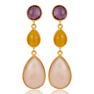 Gold Plated Chalcedony, Amethyst & Moonstone Drop Earrings - Barnbury