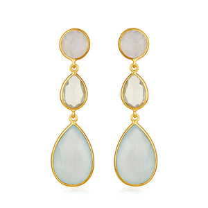 Gold Plated Lemon Topaz, Aqua Chalcedony and Rainbow Moonstone Drop Earrings - Barnbury