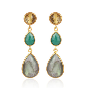 Gold Plated Labradorite, Lemon Topaz and Green Onyx Drop Earrings - Barnbury