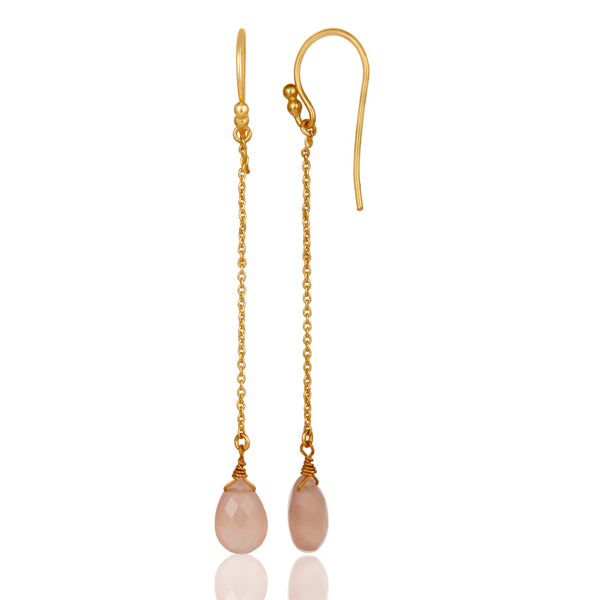 Gold Plated Sterling Silver Rose Chalcedony Drop Link Chain Dangle Earrings - Barnbury