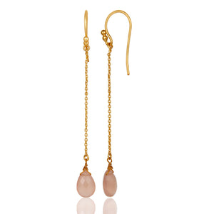 Gold Plated Sterling Silver Rose Chalcedony Drop Link Chain Dangle Earrings - Barnbury